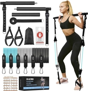 Zacro Pilates Bar Kit with Resistance Bands, 3-Section Pilates Bar with Adjustable Strap, Door Anchor, Handles and Foot Strap, Portable Home Gym Pilates Resistance Bar Kit for Full Body Workouts