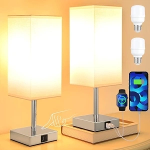 Aooshine Bedside Lamps Set of 2, Touch Lamps Bedside with USB-C+A Charging Ports, Table Lamp with 3-Way Dimmable, Small Table Lamps for Bedroom with White Fabric Shade(Bulbs Included)