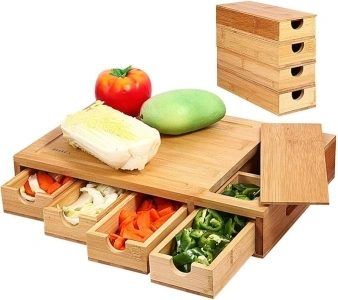 Premium Quality Natural Bamboo Meal Prep Chopping Board with 4 Storage Containers Kitchen Salad Fruit Veg Meats