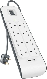 Belkin Extension Lead with USB Slots x 2 (2.4 A Shared), 8 Way/8 Plug Extension, 2m Surge Protected Power Strip - White