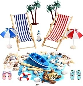 15 Pcs Beach Micro Landscape Miniature Decorations Mini Beach Decorations Mini Deck Chair Beach Chair Parasol Small Palm Tree Decorative Accessories for DIY Zen Garden Decoration Unique Gift