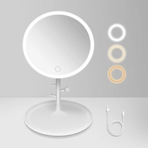 tekstap LED Vanity Mirror, Rechargeable Touch Dimming Makeup Mirror, 3 Color Light Up Mirror, 110°Rotation Detachable Portable Vanity Mirror for Travel/Dress Table/Bedroom (Round)