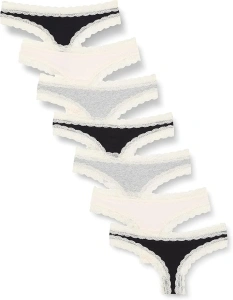 Iris & Lilly Women's Cotton and Lace Thong Knickers, Pack of 7