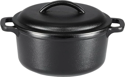 Amazon Basics Round Pre-Seasoned Cast Iron Mini Dutch Oven Pot with Lid and Dual Handles, 1.89 L, Black