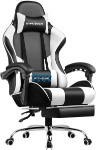 GTPLAYER Gaming Chair, Massage Ergonomic Computer Chair with Footrest and Lumbar Support Height Adjustable Gaming Chair with 360°-Swivel Seat and Headrest for Office White