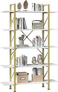 YITAHOME 5-Tier Gold Bookshelf, Artsy Modern Freestanding 5 Shelf Bookcases and Bookshelves, Book Rack, Storage Rack Shelves for Living Room Home Office, Gold & White