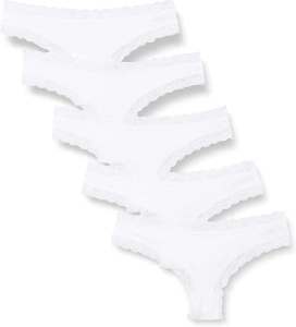 Iris & Lilly Women's Cotton and Lace Thong Knickers, Pack of 5