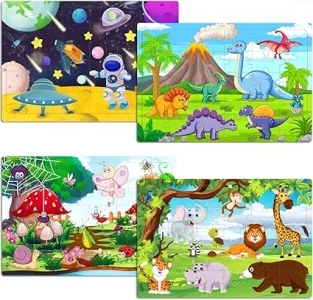 Wooden Jigsaw Puzzles for Kids 3-6 Year Olds -Space Dinosaur Animals 30 Piece Kids Puzzles Toys -Toddler Children Learning Educational Puzzles Toys for Set for Kids 3 4 5 6 Year Old(4 Puzzles)