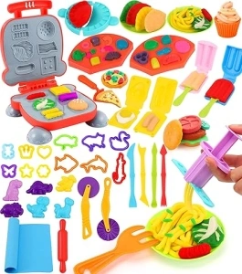 Ophy Playdough Set- 48 Pcs Playdough Accessories Include Hamburger Maker Play Dough Tools, Ice Cream Maker, Noodles Playdough Tools and Cutters Dinosaur Molds Play Dough Sets Gift for Boys Girls