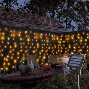 CCILAND Solar Curtain Lights Outdoor 4M x 1M 200 LED Curtain Lights Green Wire Waterproof Curtain String Lights for Garden Patio Gazebo Fence Wedding Party Decoration - Warm White