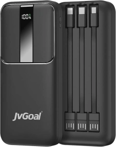 JvGoal 10000mAh Portable Charger with Built in Cables, PD & QC 22.5W Fast Charging USB C Power Bank, 3 Output 2 Input Battery Charger LED Display External Battery Pack for iPhone Samsung Huawei etc