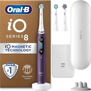 Oral-B iO8 Electric Toothbrushes For Adults, App Connected Handle, 3 Toothbrush Heads, Travel Case & Toothbrush Head Holder, 6 Modes, 2 Pin UK Plug, Violet