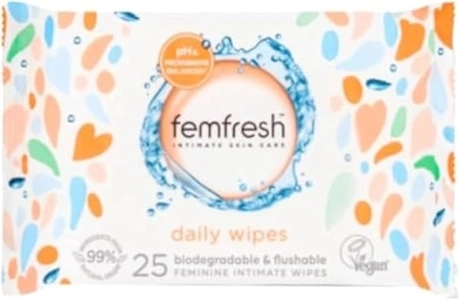 Femfresh Intimate Wipes - Flushable & Biodegradable Disposable Feminine Hygiene Vaginal Cloths w. Calendula & Aloe Vera Extracts - Soothing, pH Balanced, Hypoallergenic, 25 Count (Pack of 1)