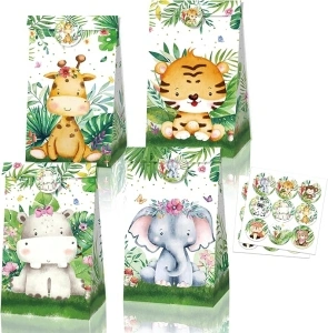 12 Pieces Animal Party Paper Bags Bear Gift Packs with Stickers Jungle Party Theme Flat Bottom Bag Elephants Favour Bags Tiger Kraft Treat Bags for Birthday Cookie Candy Snacks