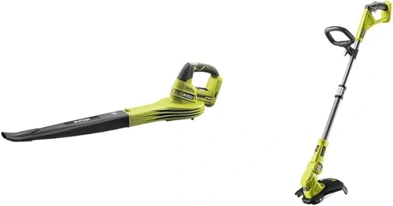 Ryobi OBL1820S ONE+ Cordless Blower, Air Speed (Zero Tool), 241 km/h, 18 V, Hyper Green and Grey & OLT1832 18V ONE+ Cordless Grass Trimmer Only, 25-30cm, Hyper Green