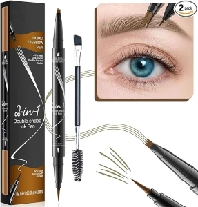 Eyebrow Pencil, Dual Ended Waterproof Eyebrow Pencil, Ultra Fine Pencil and Four Micro-Fork Tip Liquid Brow Pencil, Smudgeproof Brow Pen with Brow Brush, for Natural Looking Defined Eyebrows