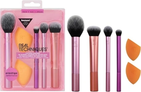 Real Techniques Everyday Essentials + Makeup Sponge Kit, 4 Makeup Brushes and 2 Makeup Blender Sponges,Blush, Bronzer, Eyeshadow, and Powder, Synthetic Bristles, Cruelty-Free, 6 Piece Set