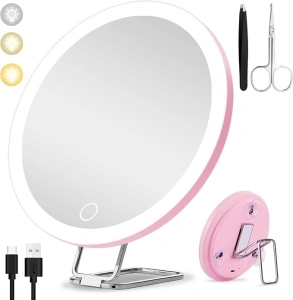 10x Magnifying Mirror with Light Large 15cm Lighted 10x Magnified Mirror with Suction Cups & Table Stand, Travel Magnifying Mirror 10x with light High Magnification Makeup Mirror & Tweezers Scissors