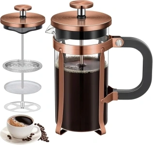 KOOYAT Cafetiere French Press Coffee Maker with Capacity of 350ml / 1 Cup Small Coffee Press for Ground Coffee in Home Office or Travel Heat-Resistant Caffettiera Gift Set for Women and Men Copper