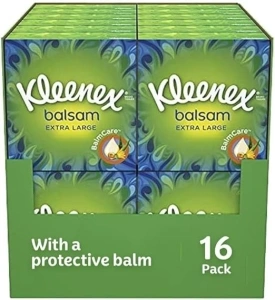 Kleenex Balsam Extra Large Tissues in 16 Compact Boxes- Balm Tissues - Protect and Soothe Your Nose When You've Got a Cold - BalmCare with Aloe Vera, Vitamin E and Calendula, 640 Tissues (16 boxes)