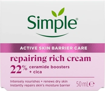 Simple Repairing Rich Face Cream facial moisturiser with 22% ceramide boosters, organic cica and provitamin B5 for a stronger skin barrier repairs and replenishes very dry, sensitive skin 50 ml