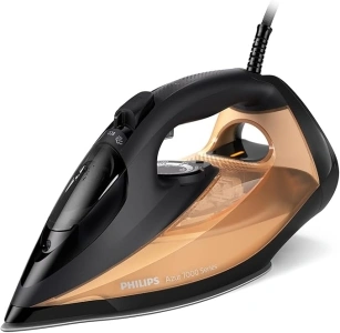 Philips 7000 Series Steam Iron, Powerful 2800W, 50g/min Steam, 250g Steam Boost, SteamGlide Elite Soleplate for Smooth Gliding, Black/Gold (DST7040/80)