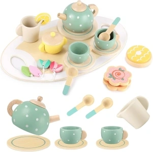 GAGAKU Wooden Tea Set for Toddler,Wooden Toys Toddler Tea Set Play Kitchen Accessories for Kids Pretend Play Food Playset for Kids Tea Party 15Pcs