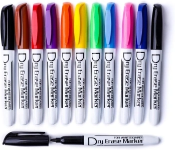 Volcanics Dry Wipe Pens Whiteboard Markers Dry Erase Pens Low Odor Fine TipThin Box of 12, 10 Colours