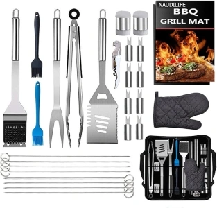 NAUDILIFE 28 Pieces BBQ Barbecue Tool Set, Grill Accessories Gift for Men with Gloves and Grill Mat, Made Stainless Steel for Garden and Camping for Men Women