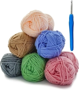 Crochet Kits for Beginners Adults,Crochet Yarn Acrylic Double Knitting Wool for Crochet，Yarn for Crochet Acrylic Wool for Knitting 6 x 25g with 4mm Crochet Hook (Meranti)