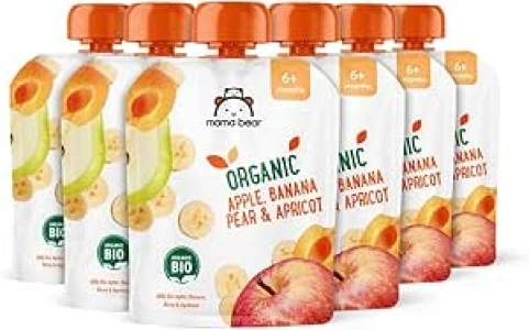 Mama Bear Fruit Pouch, Organic Apple, Banana Pear and Apricot Puree, vegetarian, 90 g (Pack of 6)