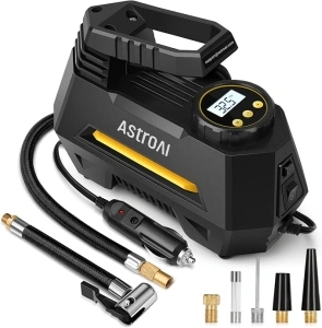 AstroAI Tyre Inflator Air Compressor 12V, Portable Electric Auto-Stop Car Tyre Pump with Tyre Pressure Gauge, Valve Adaptors and LED Light, Car Accessories, Yellow