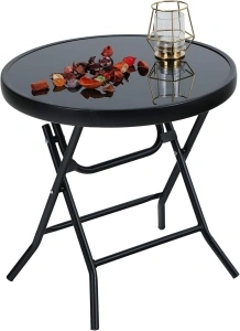 PHI VILLA Folding Side Table, Foldable Coffee Table, Outdoor Garden Table, Small Round Patio Table - Black