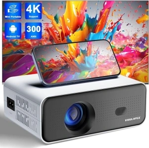 2024 Upgraded Smart Mini Projector - Auto Keystone, Electric Focus, 4K Video Supported, WiFi 6, Bluetooth 5.2, Android 11 TV, 15000 Lumens, Phone Air Mouse - Visulapex Portable Home Theater