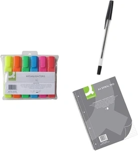 Q-Connect Highlighter Pens KF01909 with Medium Ball Point Pen KF34042 and Executive A4 Plus 80 Leaf Ruled Feint and Margin Spiral Pad