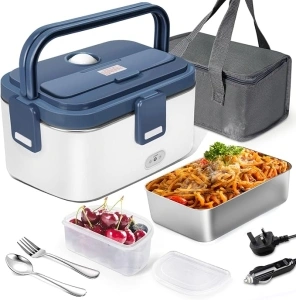 AUTOPkio Heatable Electric Lunch Box, 3 in 1 24V/ 12V/ 220V Heating Food Warmer 1.8L Stainless Steel Container and Spoon Fork with Bag for Car Truck Office Home (Blue)