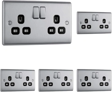 BG Electrical NBS22B-01 Double Switched Power Socket, Brushed Steel with Black Inserts, 13 Amp, 3.0 cm*14.65 cm*8.6 cm (Pack of 5)