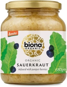 Biona Organic Sauerkraut 680g - Infused with Juniper Berries - Naturally Fermented Organic White Cabbage - Pasteurised - High in Protein, Naturally Vegan - No Additives