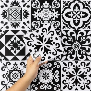 Hode Kitchen Bathroom Tile Stickers Stick on Tiles, Sticky Back Peel and Stick Self Adhesive Wall Tiles, Vinyl Waterproof Black and White Moroccan, 24pcs 15x15cm