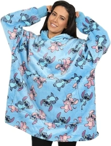 Lilo and Stitch, Stitch & Angel Womens Blue Hoodie, Oversized Ladies Fleece Blanket Hoody