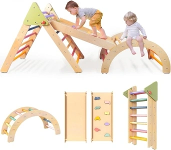 LOL-FUN 3 in 1 Rainbow Pikler Triangle Climbing Frame for Toddlers, Foldable Wooden Indoor Climbing Triangle Set with Ramp and Arch, Montessori Climber Toys Play Gym for Kids