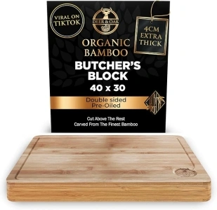 Deer & Oak Extra Large Chopping Board - Premium Bamboo Butcher's Block 40 x 30 x 4cm Extra Thick, Wooden Cutting Board for Kitchen, Heavy Duty Meat Chopping Board