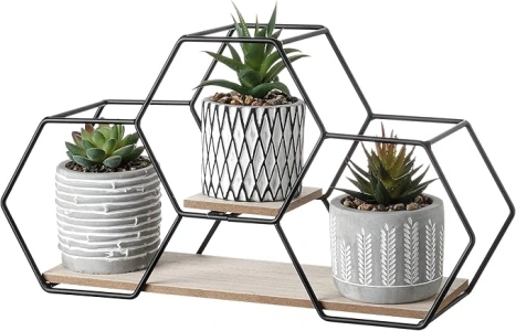 TERESA'S COLLECTIONS Decorative Artificial Succulent Plants, Set of 3 Wall Plants Fake Plants Geometric Ceramic Planter, Indoor Faux Potted Plants for Home Decor, Spring Decoration, Table, H18cm