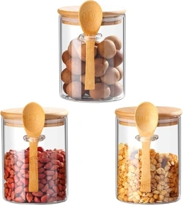 Exsivemy Glass Jars with Airtight Lid and Spoon, 480ML Overnight Oats Jars with Lids,3 Pcs Glass Food Storage Jars Containers Salad Jars for Coffee Beans, Tea, Sugar, Nuts, Candy, Salts