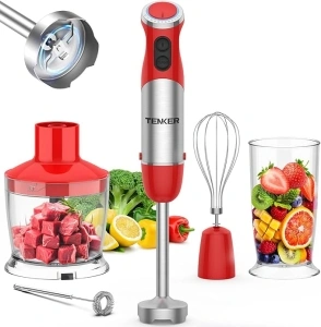 Tenker 5-in-1 Immersion Hand Blender, 1000W 12 Speed Handheld Blender, Copper Motor Stainless Steel Stick Blender for Kitchen, 600ml Mixing Beaker, 500ml Food Processor, Whisk, Milk Frother, Red