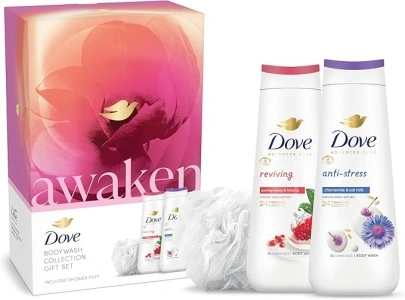 Dove Awaken Body Wash Collection Gift Set with a luxury shower puff skin care gifts for her 2 piece