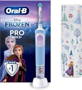 Oral-B Pro Kids Electric Toothbrush, Christmas Gifts For Kids, 1 Toothbrush Head, x4 Frozen Stickers, 1 Travel Case, 2 Modes with Kid-Friendly Sensitive Mode, For Ages 3+, 2 Pin UK Plug, Blue