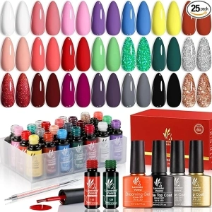 Lavender Violets 25 Pcs Gel Nail Polish Set,UV LED Soak Off Base,Glossy n Matte Top Coat,Blooming Gel Brush Pen Red Green Sliver Glittery Gold Classical White Pink Purple Grey Black Blue Nail Art C997