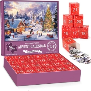 Advent Calendar 2024 Jigsaw Puzzle - Peaceful Snowy Christmas Sunset, Christmas Family Holiday Puzzle 1008 Pieces Jigsaw Puzzle, 24 Boxes Puzzles for Countdown to Christmas Home Decoration