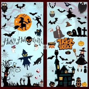 AUERVO 9 Sheets Halloween Window Stickers, Halloween Bats Spiders Pumpkin Style Static Sticker for Halloween Window Decoration